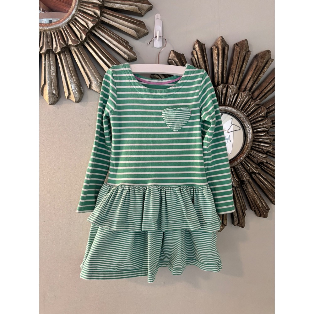 Mini Boden Girls Green White Striped‎ Heart Tiered Cotton Dress 4-5Y 110cm